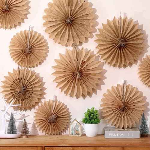 Resholder 9 Pcs Christmas Hanging Decorations Large Paper Fans Neutral Paper Fans Hanging Ornament Kit for Christmas Holiday Party Supplies Home Decorations 10/12/14 Inch(Brown)