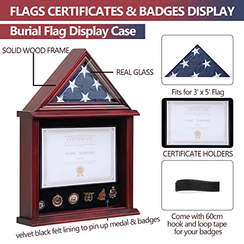 Small Military Shadow Box with Flag Display Case - Mahogany Finish, 3x5 Flag Holder & Certificate Space - Variation of THIS listing