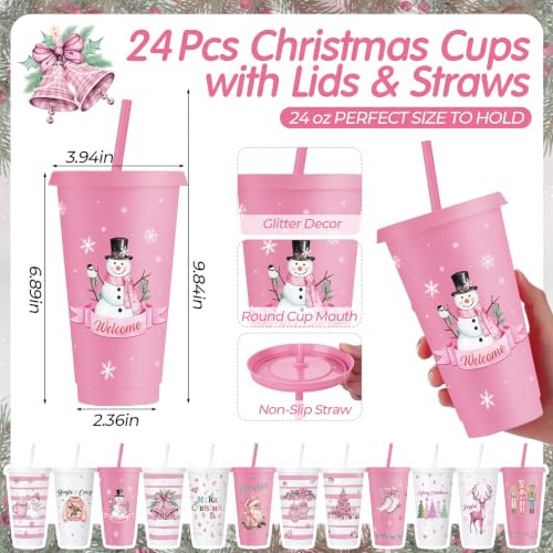 Feifeiya 72 Pcs Pink Christmas Cups Gift Set with Lids & Straws, 24 Notebooks & Pens, Snowmen & Stars