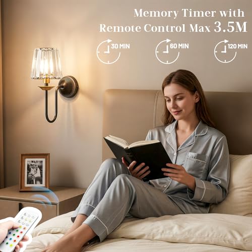 KernLite Black and Gold Wireless Dimmable Wall Sconces Set of 2 with Remote, RGB & CCT Adjustable, Crystal Decor for Bedroom & Living Room