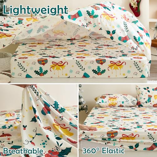 Queen Christmas Bedding Sheet Set - 4 Pieces with Deep Pocket Fitted Sheet, Patterned Holly & Bells