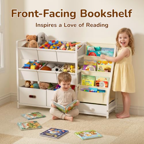 Kids Toy Storage Organizer with 9 Bins - Montessori Toddler Bookshelf & Playroom Storage