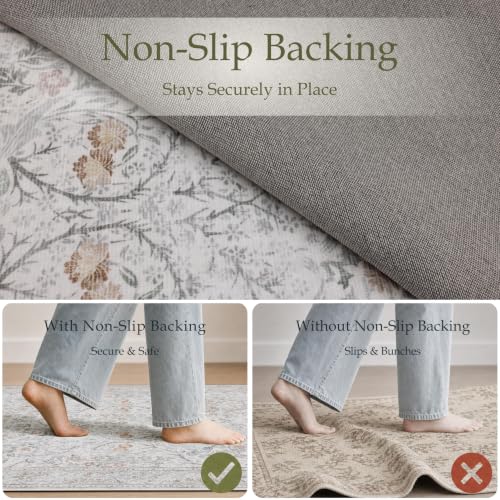 Beige 5x7 Area Rug with Floral Pattern - Washable Faux Cashmere Living Room Carpet - JOLLYVOGUE Variation