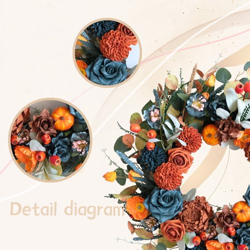 Fall Wreath Handmade Autumn Front Door Decor - Blue, Orange Hydrangeas & Pumpkins - Wreath Variation