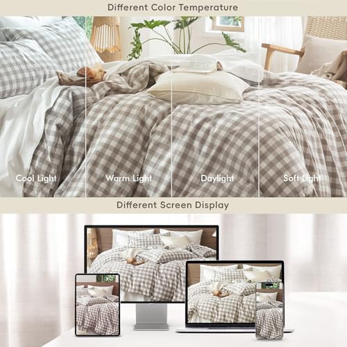 Buffalo Plaid Tannish Linen Grey Gingham Duvet Cover Set Queen - MooMee