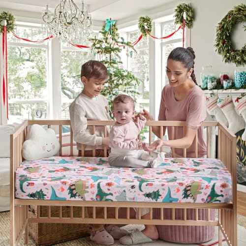 JISEN Christmas Fitted Crib Sheet - Soft Dinosaurs Pattern Baby Bed Sheets for Standard and Toddler Mattress for Boys Girls Neutral, Pink 28x52 Inch