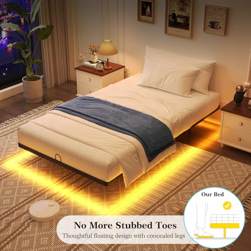 Floating Bed Frame Twin XL with Smart LED Lights - Modern Suspended Design