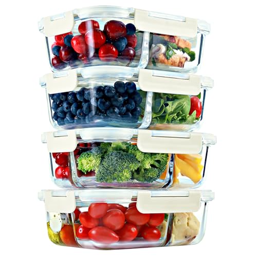 Beige Glass Meal Prep Containers 2 & 3 Compartments Leak-Proof Lids - 32 oz 4 Pack
