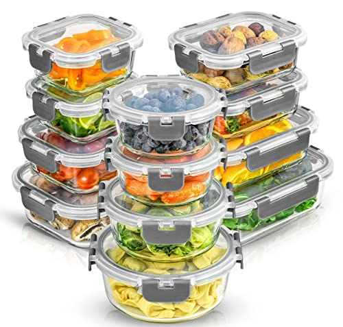 JoyJolt 24pc Borosilicate Glass Food Storage Containers with Grey Lids - Airtight & Freezer Safe