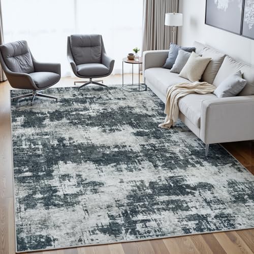 Black 9x12 Area Rug - Washable Soft Abstract Bedroom Carpet - Slim Low-Pile