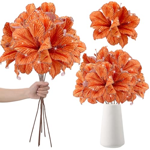 Hotop 6 Pcs Glitter Poinsettia Flowers with 3 Heads - Orange