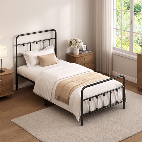 Black Twin Metal Bed Frame with Headboard and Footboard - Sturdy Steel, Underbed Storage
