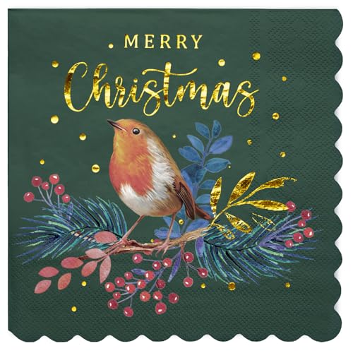 Christmas Paper Napkins 50-Pack, 3-Ply Holiday Bird & Merry Christmas Design