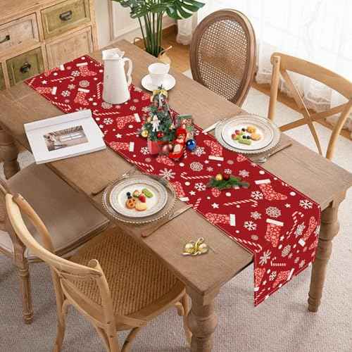 Christmas Table Runner£¬Red Table Runners with Snowflake Candy Prints Xmas Table Cloth Decorations and Supplies for Home Kitchen Dining Room Holiday Party Decor (Red-1, 13x72 Inches)