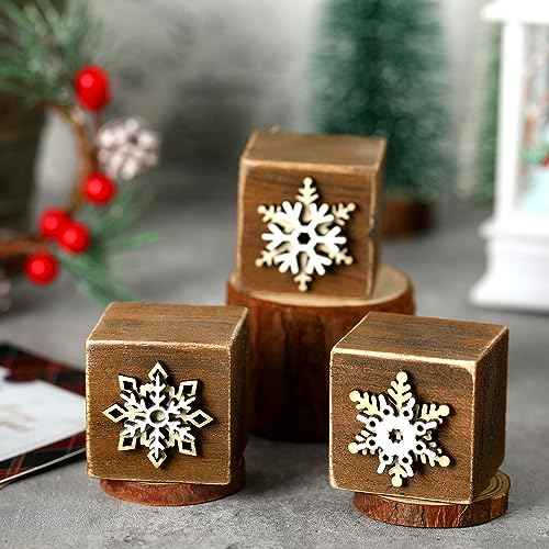 Suzile 3 Pcs Christmas Wooden Snowflake Decorations Winter Snowflakes Tables Decor White Tabletop Art Wood Blocks for Christmas Holiday Supplies Party Favors