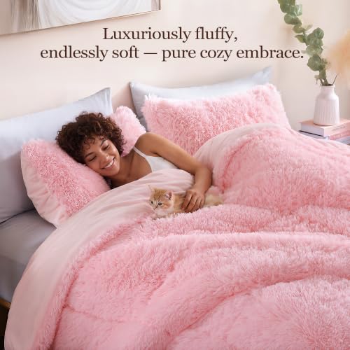 Pink Faux Fur King Size Comforter Set - 3 Pieces, Soft & Fluffy Bedding