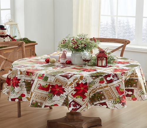 Newbridge Christmas Ivory Sleigh Bells 60 x 84 Oval Vinyl Tablecloth