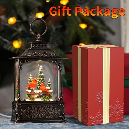 Red Cardinals Bird Snow Globe with Music - USB/Battery Operated Glitter Glass Dome
