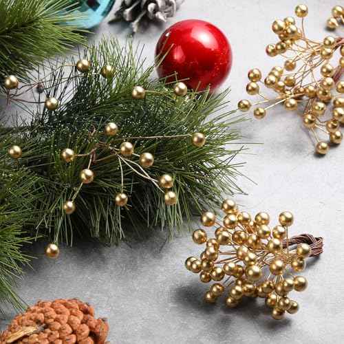 BBTO 200 Pack Artificial Holly Christmas Berries on 100 Wire Stems 8 mm Fake Berries for Christmas Tree Decorations Wreath Craft Wedding Party Favor (Gold)