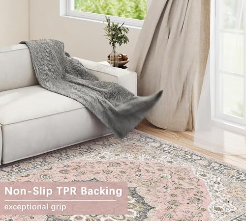 Pink Persian Style Washable Rug 8x10 - Vintage Floral Living Room Carpet, Non-Slip & Soft