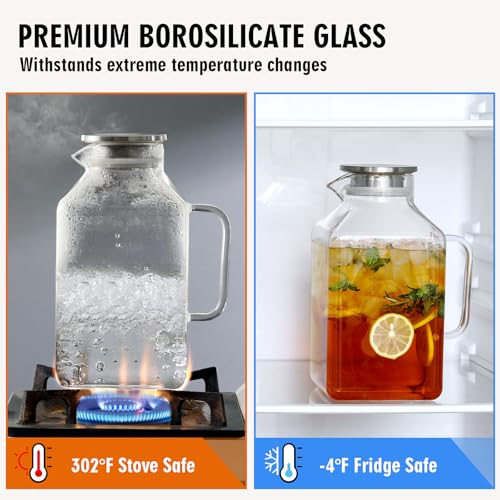 Clear 2 Pack Square Glass Pitcher with Lid and Spout - 1 Gallon Borosilicate Carafe for Hot Cold Drinks