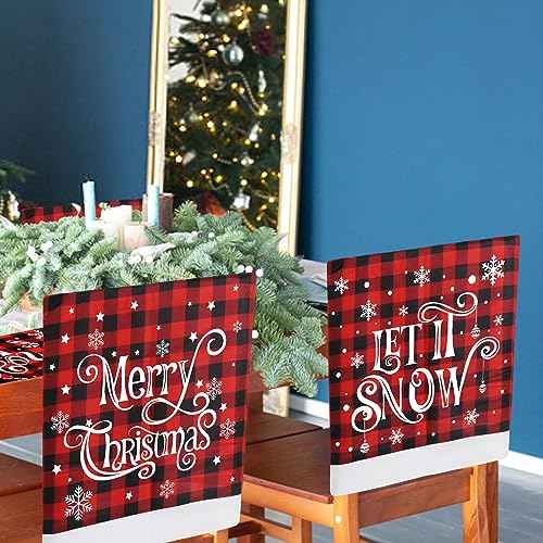 CCINEE 2pcs Christmas Chair Back Covers, Red and Black Buffalo Plaid Chair Slipcovers with Snowflake Xmas Chair Back Cover for Dining Room Kitchen Wedding Hotel Xmas Party Table Decor