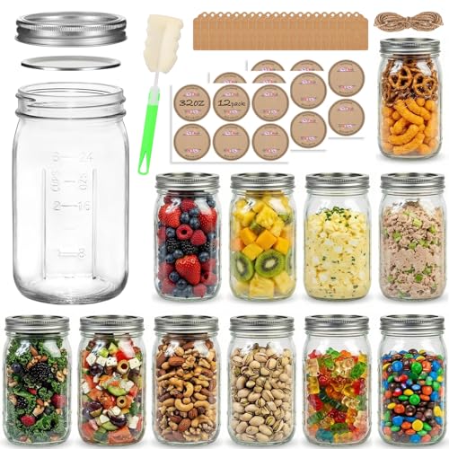 12 Pack Wide Mouth Mason Jars with Airtight Split Lids - 32 oz & Decorative Accessories