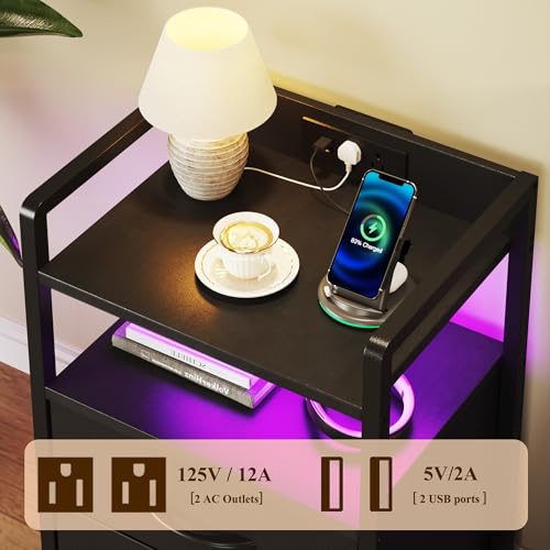 Black LED Nightstand with Charging Station, Storage Drawers & RGB Lighting