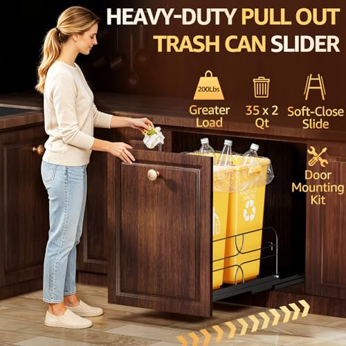 Black Double Pull Out Trash Can Under Cabinet with Soft Close Door Mount - RUNMI