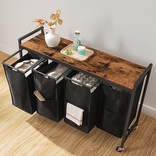 Rustic Brown & Black 4-Section Laundry Sorter with Wheels - 42 Gal