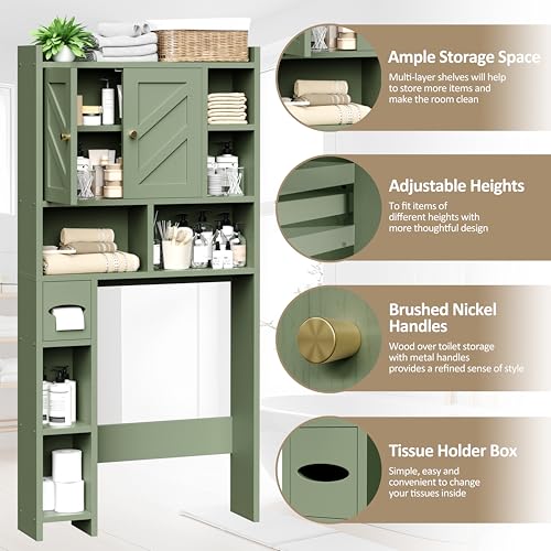 Meilocar Green Over The Toilet Storage Cabinet 64.6" Tall Bathroom Organizer with Adjustable Shelf & Toilet Paper Holder