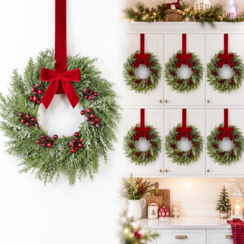 6 Pack 15-Inch Mini Christmas Wreaths for Kitchen Cabinets with Red Bows