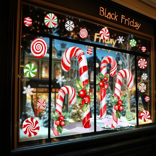 Extra Large Christmas Window Clings 13.8 x 35.4 in - 3 Sheets Red Green Candy Cane Holly Decor