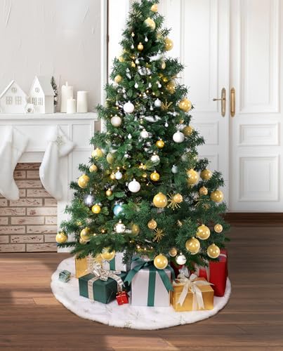Tihulek 36-Inch White Faux Fur Christmas Tree Skirt with Gold Sequin Snowflakes - Perfect for 4-6FT Trees