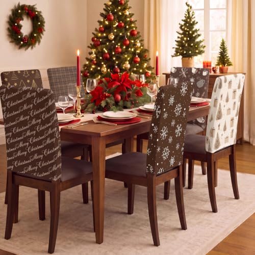 Moukeren Vintage Print Christmas Chair Covers 6pcs Brown Holiday Seat Slipcovers