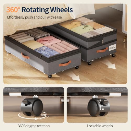 Yecaye 90L Under Bed Storage with Wheels - Grey 2 Pack, Adjustable Height