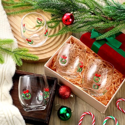 FoldTier Christmas Wreath Stemless Wine Glasses Set, 4 Pcs Holiday Decor