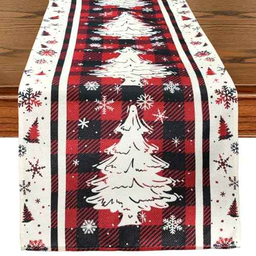 Buffalo Plaid Christmas Tree Christmas Table Runner, Red Winter Holiday Kitchen Dining Christmas Table Decoration for Indoor Outdoor Home Party Decor 13x72 Inch (Christmas Tree)
