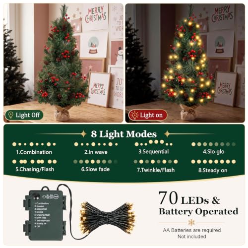 3ft Prelit Tabletop Christmas Tree with 70 LEDs, Berries & Pine Cones