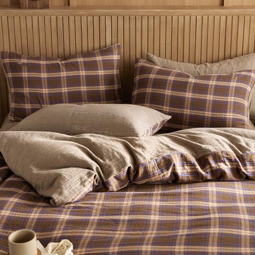 Vintage Brown & Blue Plaid Queen Duvet Cover Set - Reversible Cotton Muslin Bedding