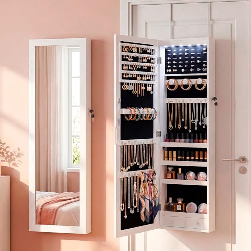 Full-Length Wall-Mounted Jewelry Cabinet with Lock & LED Lights - White, 50"