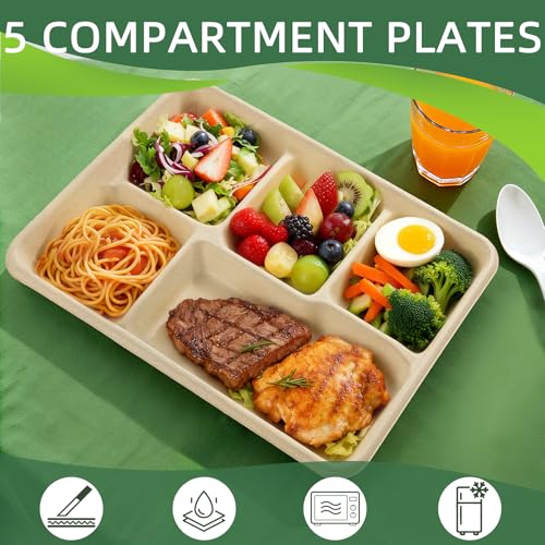 Eco-Friendly 5-Compartment Disposable Paper Plates - Medium 12.5x8.6 Inch Natural Pack of 100