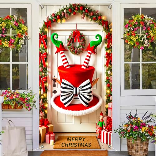 Christmas Elf Door Cover - 35x71 Inch Holiday Wall Banner for Front Door Decor