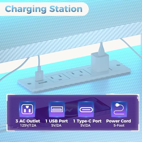 52-Inch Reversible Gaming Desk with LED Lights & Power Outlets, White