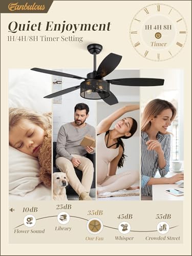 Fanbulous 52 Inch Black Farmhouse Flush Mount Ceiling Fan with Light & Remote - Rustic Caged Design