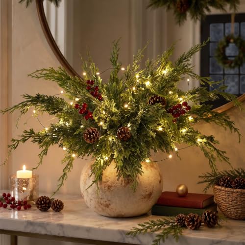 FOTEEWL 64 pcs 18-Inch Artificial Christmas Cedar Branches for Vase & Holiday Decor