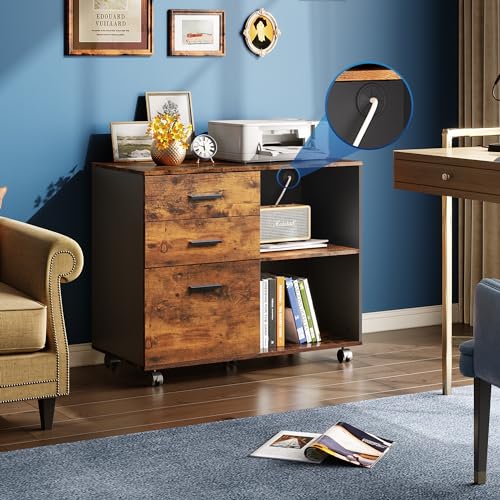 DEVAISE Rustic Brown 3-Drawer Mobile File Cabinet with Locking Casters