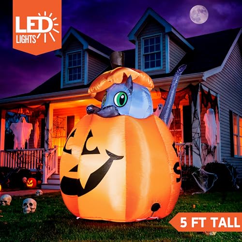 Blue Cat With Pumpkin Inflatable Halloween Decor - 5 FT Animated Outdoor Yard Decoration