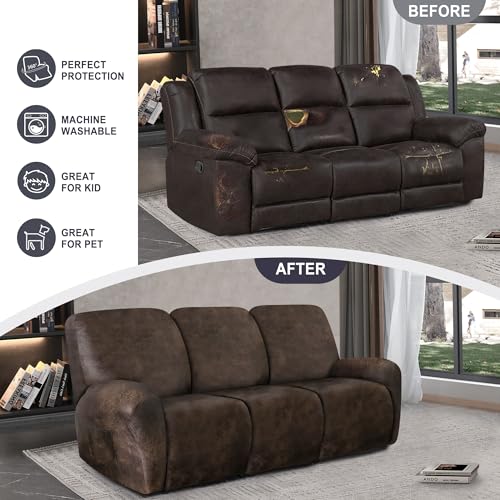 ANARACHON Brown 3-Seater Leather Look Recliner Couch Cover, 8-Piece Stretch Slipcover