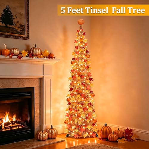 5 Ft Fall Decor Artificial Tree with Warm White String Lights and Pumpkin Topper